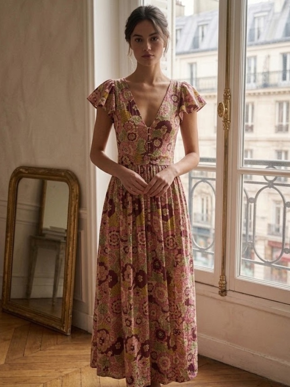 DODO BAR OR "Jenny" Floral Flutter-Sleeve Maxi Dress | Pink & Green | Size XS